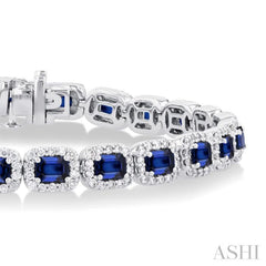 4X3 MM Emerald Cut Sapphire and 2 1/5 Ctw Round Cut Diamond Halo Precious Bracelet in 14K White Gold