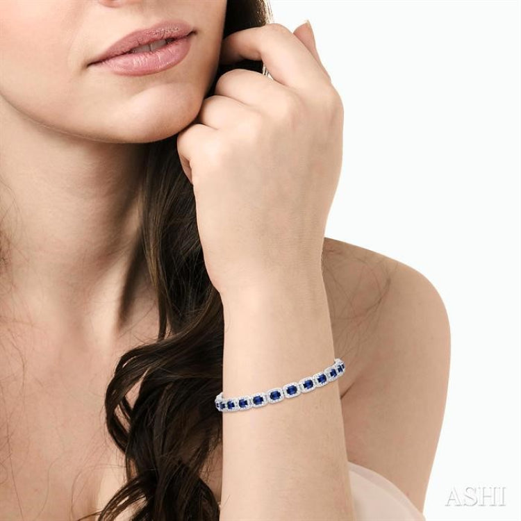 4X3 MM Emerald Cut Sapphire and 2 1/5 Ctw Round Cut Diamond Halo Precious Bracelet in 14K White Gold