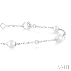 4 MM Round Shape Cultured Pearl and 1/20 Ctw Round Cut Diamond Fashion Station Bracelet in 14K White Gold
