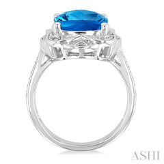 10X10 MM Cushion Shape Blue Topaz and 1/20 Ctw Round Cut Diamond Semi-Precious Ring in Sterling Silver