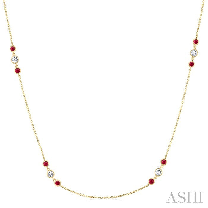 2.25 MM Ruby and 1/2 Ctw Round Cut Diamond Precious Station Necklace in 14K Yellow Gold