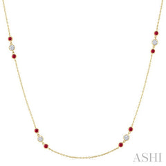 2.25 MM Ruby and 1/2 Ctw Round Cut Diamond Precious Station Necklace in 14K Yellow Gold