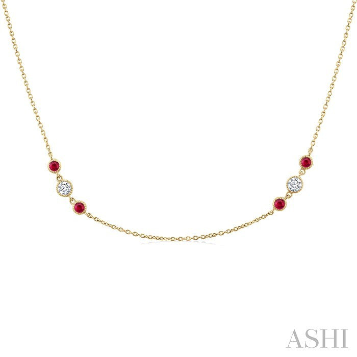 2.25 MM Ruby and 1/2 Ctw Round Cut Diamond Precious Station Necklace in 14K Yellow Gold