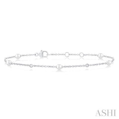 3 MM Round Shape Cultured Pearl and 1/20 Ctw Round Cut Diamond Fashion Station Bracelet in 14K White Gold