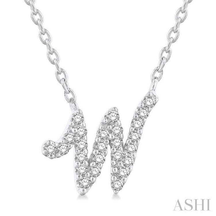 1/10 Ctw Initial 'W' Round cut Diamond Pendant With Chain in 10K White Gold
