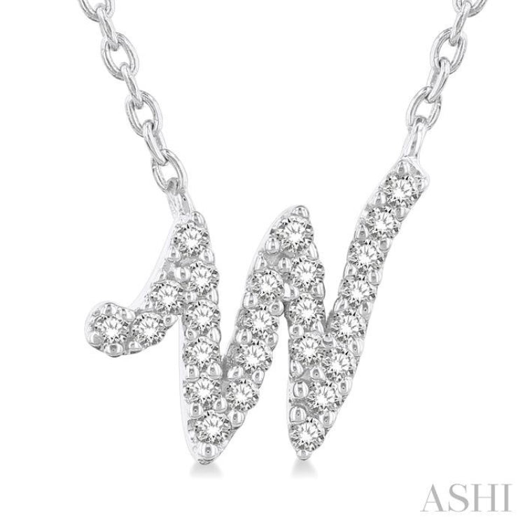 1/10 Ctw Initial 'W' Round cut Diamond Pendant With Chain in 10K White Gold