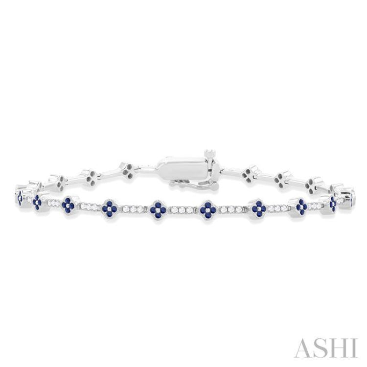 1 MM Round Shape Sapphire and 1/2 Ctw Clover Leaf & Bar Link Round Cut Diamond Precious Bracelet in 14K White Gold
