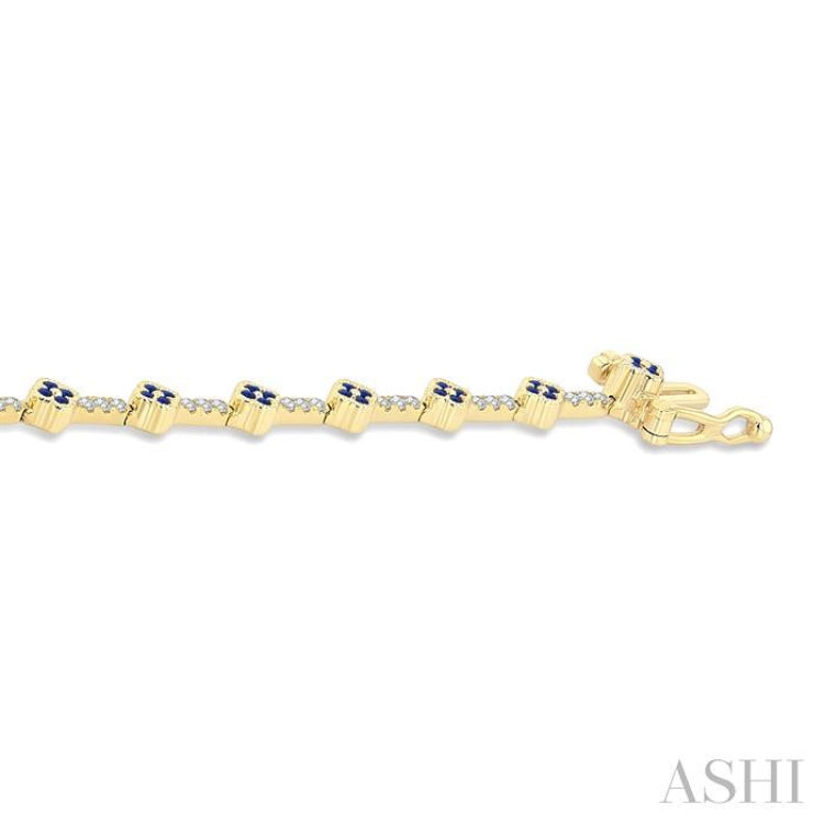 1 MM Round Shape Sapphire and 1/2 Ctw Clover Leaf & Bar Link Round Cut Diamond Precious Bracelet in 14K White Gold