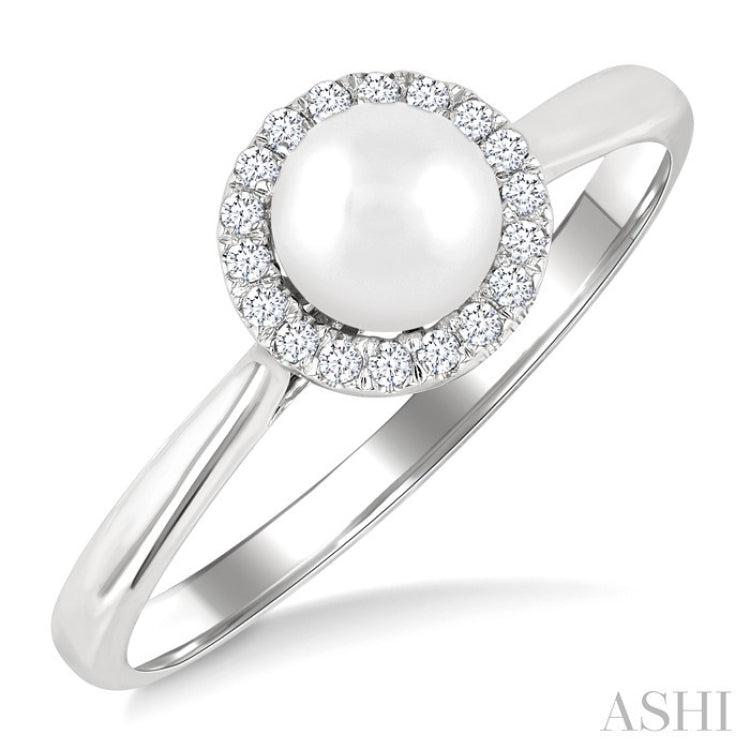 5 MM White Cultured Pearl and 1/20 Ctw Round Cut Diamond Halo Ring in 14K White Gold