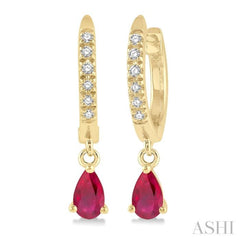 5x3 MM Pear Cut Ruby and 1/8 Ctw Round Cut Diamond Petite Fashion Huggie Earrings in 10K Yellow Gold