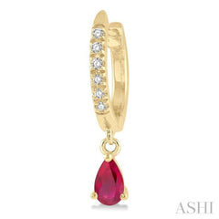 5x3 MM Pear Cut Ruby and 1/8 Ctw Round Cut Diamond Petite Fashion Huggie Earrings in 10K Yellow Gold