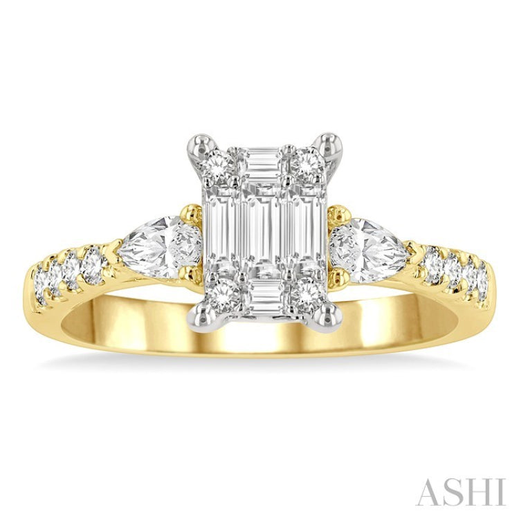 3/4 Ctw Emerald Shape Baguette, Pear and Round Cut Diamond Fusion Engagement Ring in 14K Yellow and White Gold