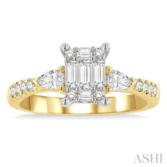 3/4 Ctw Emerald Shape Baguette, Pear and Round Cut Diamond Fusion Engagement Ring in 14K Yellow and White Gold