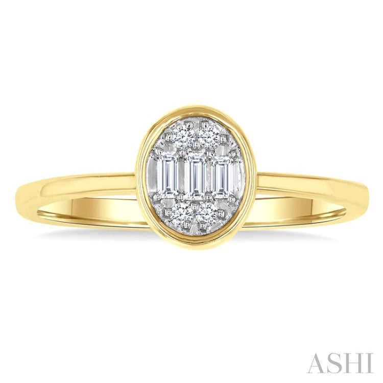 1/6 Ctw Petite Bezel Set Oval Shape Fusion Baguette and Round Cut Diamond Fashion Ring in 10K Yellow Gold