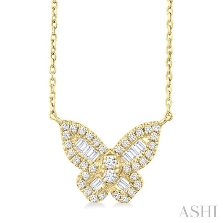 1/3 Ctw Petite Butterfly Baguette and Round Cut Diamond Fashion Pendant With Chain in 14K Yellow Gold