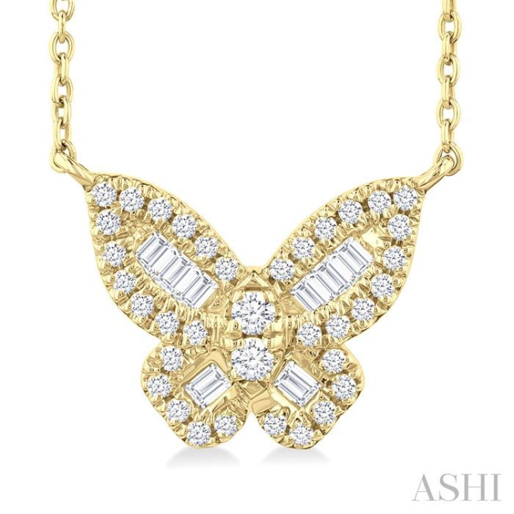 1/3 Ctw Petite Butterfly Baguette and Round Cut Diamond Fashion Pendant With Chain in 14K Yellow Gold