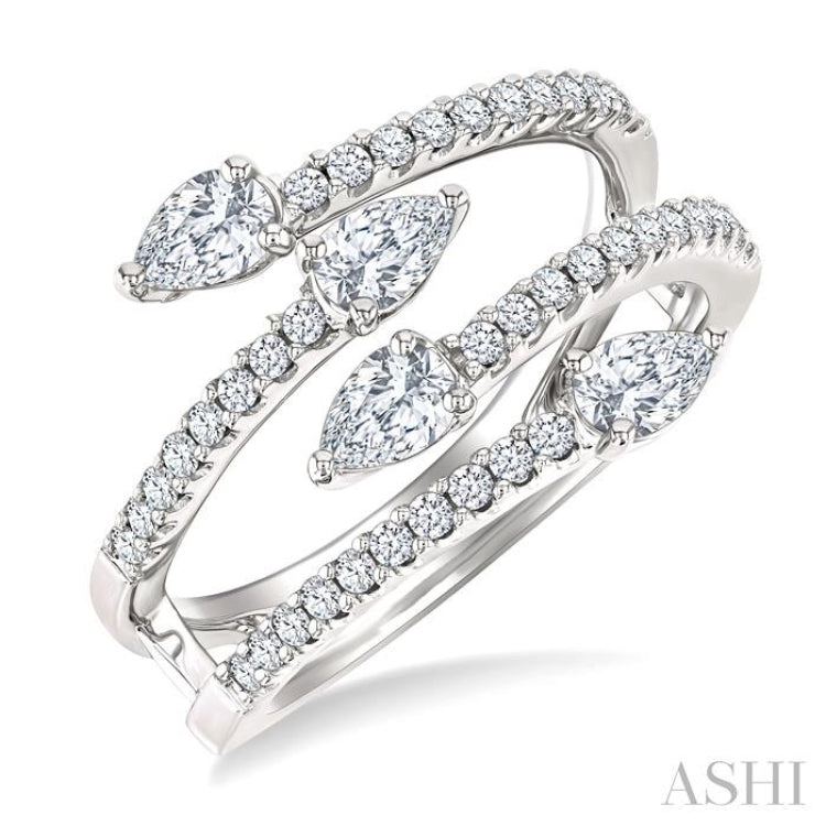 7/8 Ctw Split Double Bypass Pear and Round Cut Diamond Open Fashion Ring in 14K White Gold