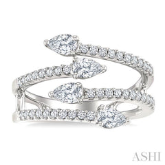 7/8 Ctw Split Double Bypass Pear and Round Cut Diamond Open Fashion Ring in 14K White Gold