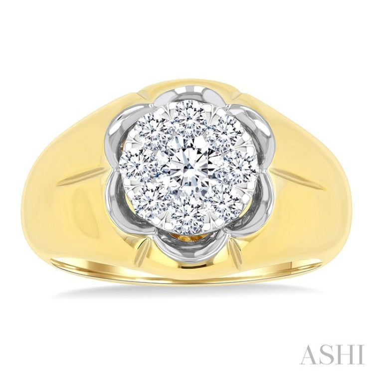 1 Ctw Floral Center Lovebright Round Cut Diamond Men's Ring in 10K Yellow and White Gold