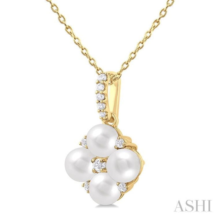 4 MM Floral Round Shape Cultured Pearl and 1/10 Ctw Round Cut Diamond Fashion Pendant With Chain in 10K Yellow Gold