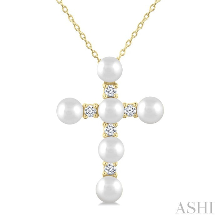 4 MM Cross Cultured Pearl and 1/6 Ctw Round Cut Diamond Fashion Pendant With Chain in 10K Yellow Gold
