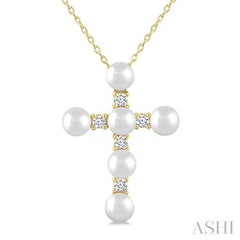 4 MM Cross Cultured Pearl and 1/6 Ctw Round Cut Diamond Fashion Pendant With Chain in 10K Yellow Gold