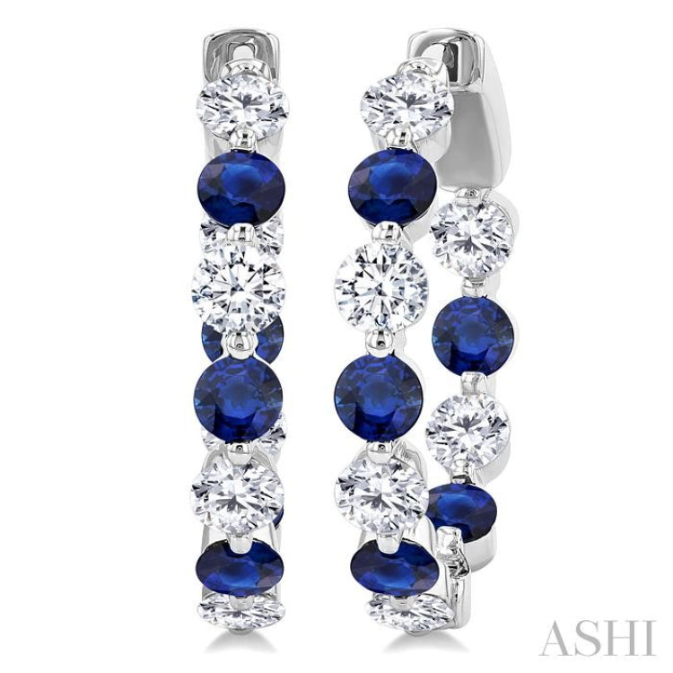 3.3 MM Round Cut Sapphire and 1 5/8 Ctw Round Cut Diamond Precious Inside-Out Alternating Hoop Earrings in 14K White Gold