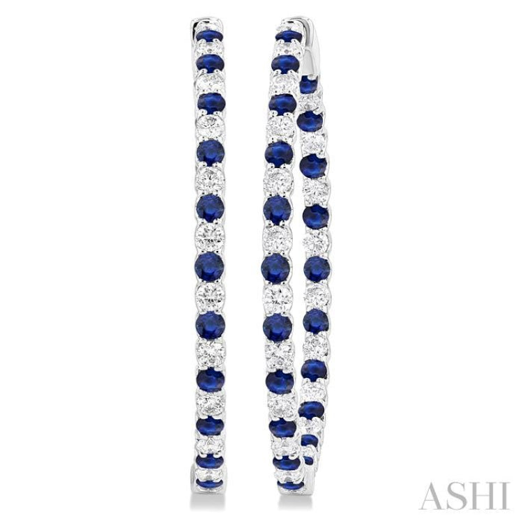 2.5 MM Round Cut Sapphire and 2 1/2 Ctw Round Cut Diamond Precious Inside-Out Alternating Hoop Earrings in 14K White Gold