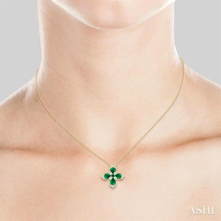 4x3 MM Pear and 2 MM Round Emerald and 1/6 Ctw Round Cut Diamond Floral Blossom Precious Pendant With Chain in 14K Yellow Gold