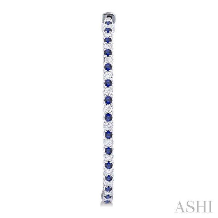 1.6 MM Round Cut Sapphire and 1 Ctw Round Cut Diamond Precious Inside-Out Alternating Hoop Earrings in 14K White Gold