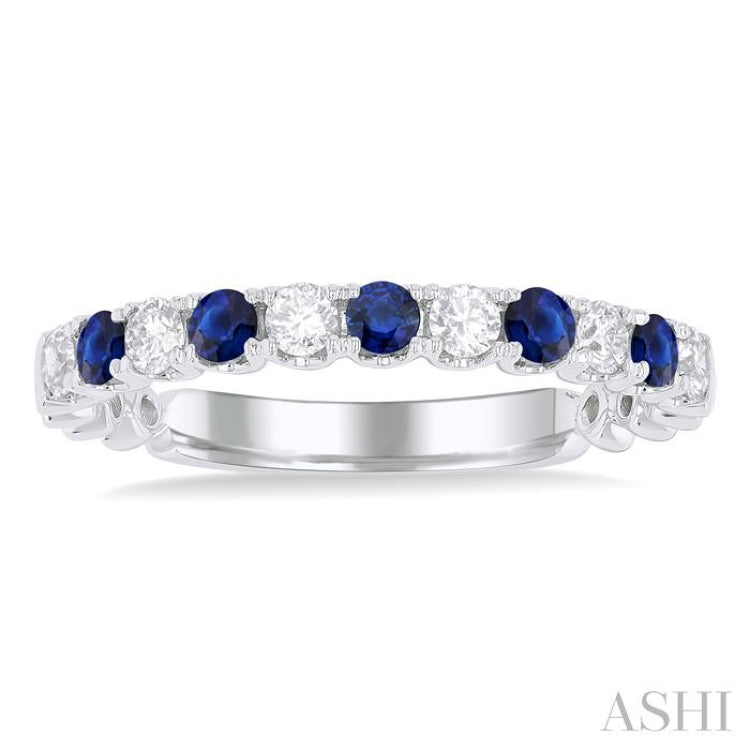 2.25 MM Sapphire and 1/4 Ctw Round Cut Diamond Precious Wedding Band in 14K White Gold