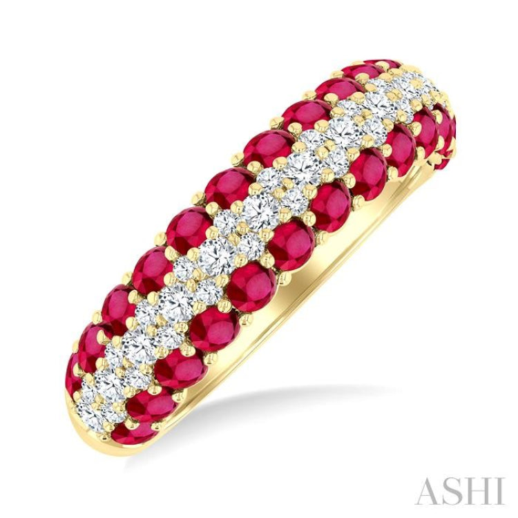 2.4 MM Center Border Round Shape Ruby and 1/2 Ctw Round Cut Diamond Precious Band in 14K Yellow Gold