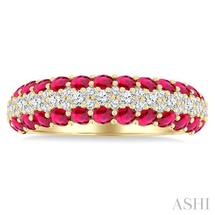 2.4 MM Center Border Round Shape Ruby and 1/2 Ctw Round Cut Diamond Precious Band in 14K Yellow Gold