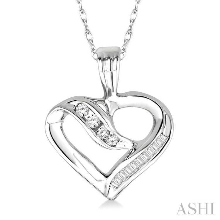 1/4 Ctw Baguettes and Round Diamond Heart Pendant in 10K White Gold with Chain