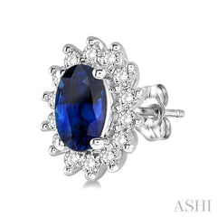 5x3 MM Oval Cut Center Sapphire and 1/5 Ctw Round Cut Diamond Sunflower Precious Earrings in 10K White Gold