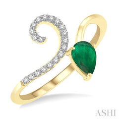 6x4 MM Pear Shape Emerald and 1/10 Ctw Round Cut Diamond Precious Ring in 10K Yellow Gold
