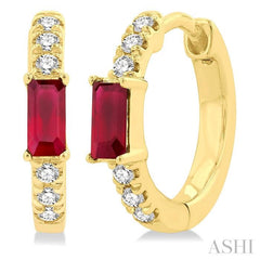4X2 MM Baguette Cut Ruby and 1/8 Ctw Petite Round Cut Diamond Fashion Huggies in 10K Yellow Gold