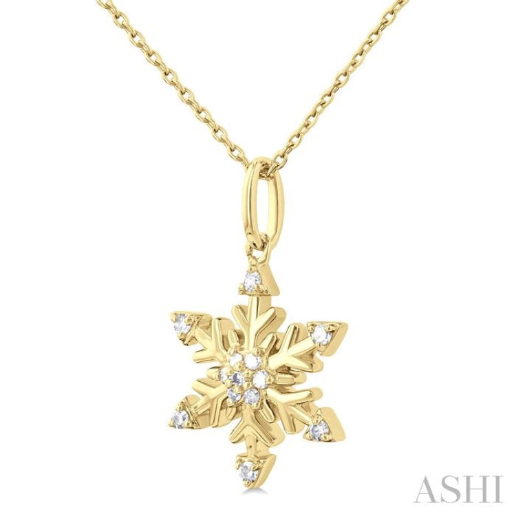1/10 Ctw Petite Snowflake Round Cut Diamond Fashion Pendant With Chain in 10K Yellow Gold