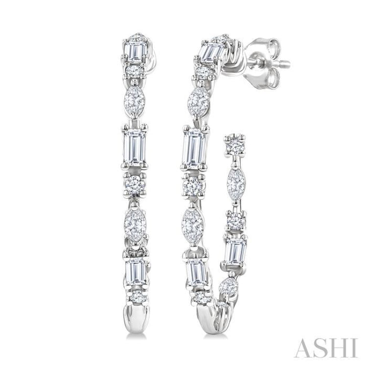 1 1/6 Ctw Inside & Outside Mixed Diamond Cut Fashion Open Hoop Earrings in 14K White Gold