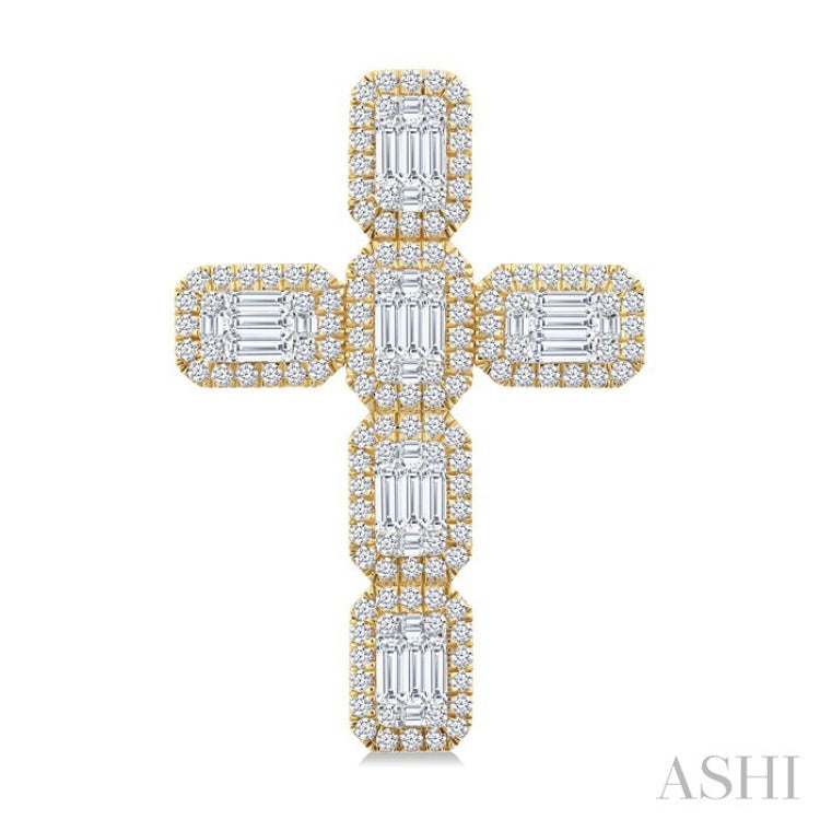 1 1/2 Ctw Cross Fusion Baguette and Round Cut Diamond Fashion Pendant in 14K Yellow and White Gold