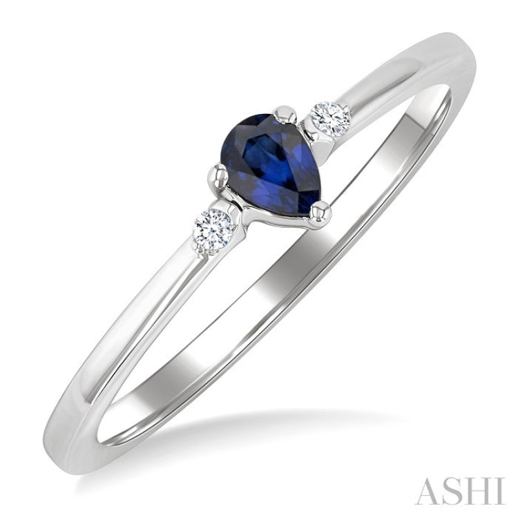 4x3 MM Pear Shape Sapphire and 1/50 Ctw Petite Round Cut Diamond Fashion Ring in 10K White Gold
