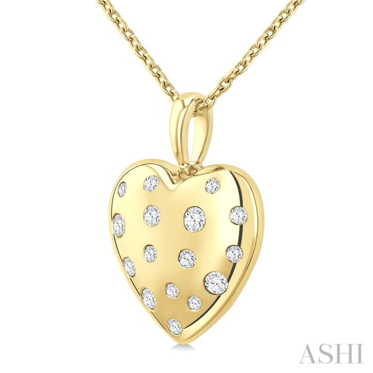 1/6 Ctw Bold Puffed Heart Round Cut Diamond Sprinkled Fashion Pendant With Chain in 10K Yellow Gold