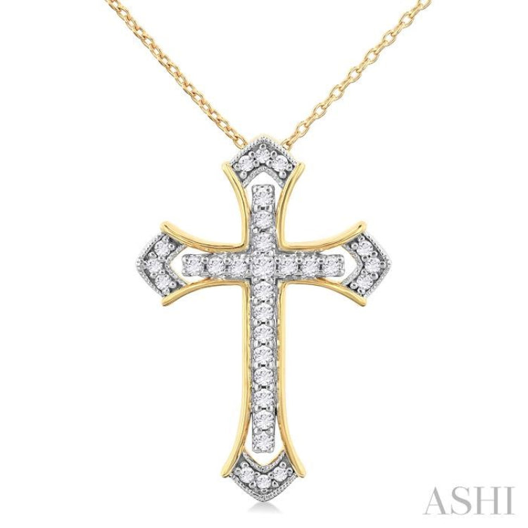 1/4 Ctw Cross Round Cut Diamond Fashion Pendant With Chain in 14K Yellow and White Gold