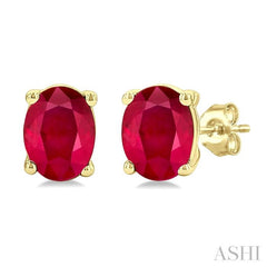 4X3 MM Oval Shape Ruby Precious Stud Earrings in 14K Yellow Gold