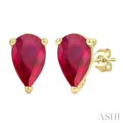 4X3 MM Pear Shape Ruby Precious Stud Earrings in 14K Yellow Gold