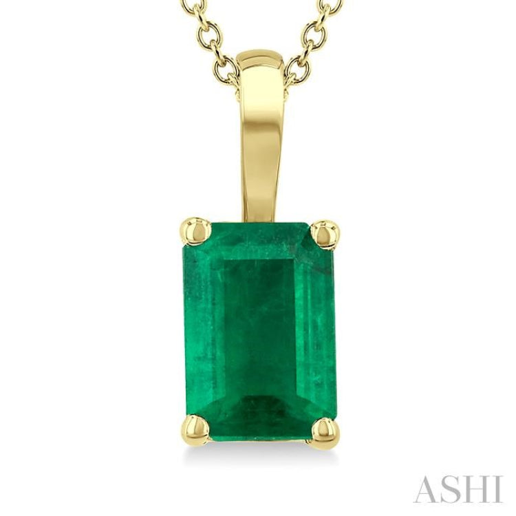 6X4 MM Octagon Shape Emerald Precious Solitaire Pendant With Chain in 14K Yellow Gold