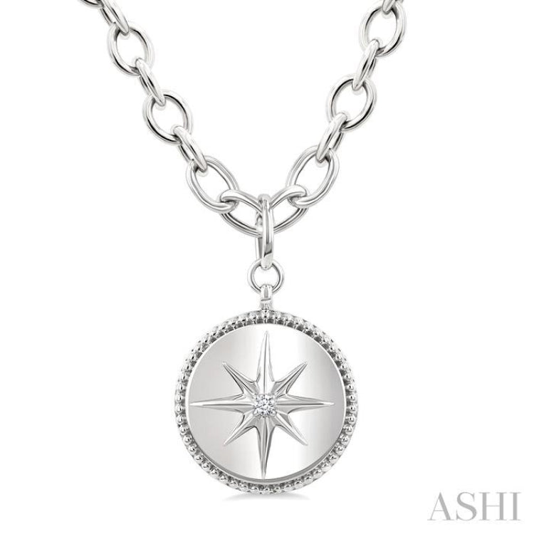 1/20 Ctw Compass medallion Round Cut Diamond Pendant With Chain in Sterling Silver