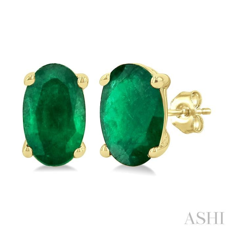 5X3 MM Oval Shape Emerald Precious Stud Earrings in 14K Yellow Gold