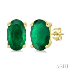 5X3 MM Oval Shape Emerald Precious Stud Earrings in 14K Yellow Gold