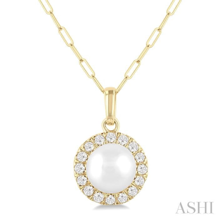 6 MM Cultured White Pearl and 1/6 Ctw Round Cut Diamond Halo Pendant With Chain in 10K Yellow Gold